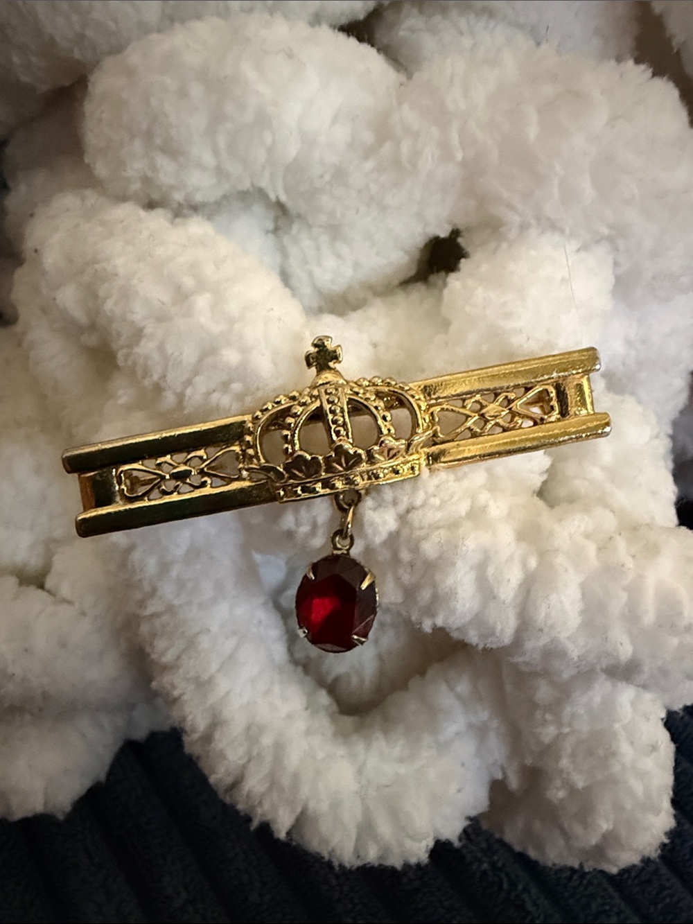 Gold Crown Bar Brooch with Red Gemstone Drop